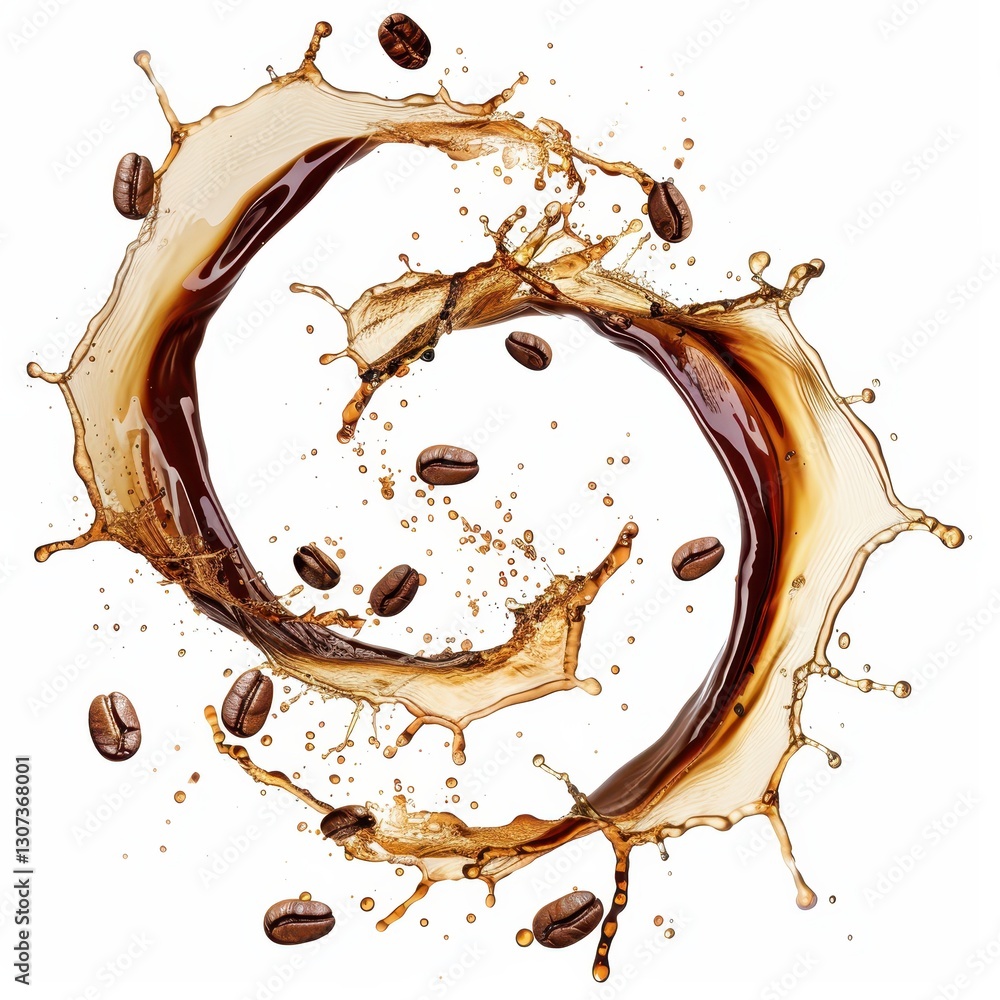 Poster artistic circular splash of coffee with floating coffee beans capturing dynamic liquid motion