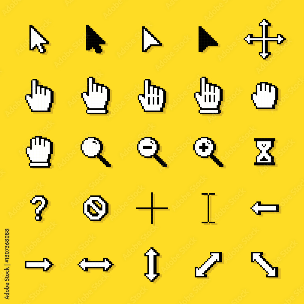 Poster pixelated white computer cursor icons. pixelated white computer pointer icons. yellow background
