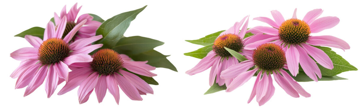 Blooming coneflower heads, known as echinacea flowers, are shown in close-up isolated on a white background