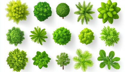 An overhead view illustration of diverse tree and shrub designs. Various types of foliage for eco-friendly outdoor spaces. Detailed entourage designs for landscaping projects with plants of different