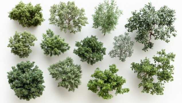 A bird's-eye view illustration of a variety of tree and shrub designs. Multiple foliage types for sustainable outdoor areas. Detailed entourage designs for landscaping projects