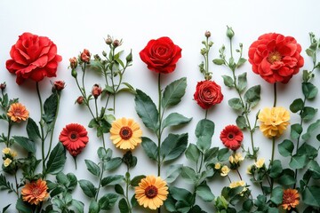 Floral arrangement featuring roses and gerbera daisies in vibrant red yellow and orange hues with lush green foliage on a white background