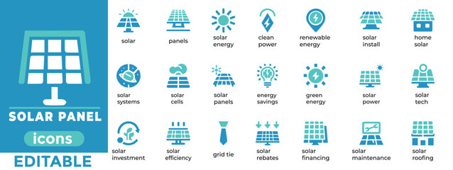 Editable solar panel vector set featuring eco-friendly, renewable energy, and sustainability icons for digital and print