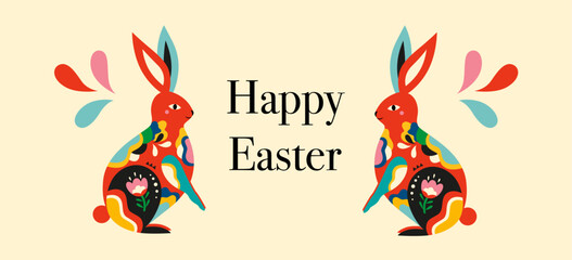  Illustration with easter rabbit and flower. Happy Easter card design