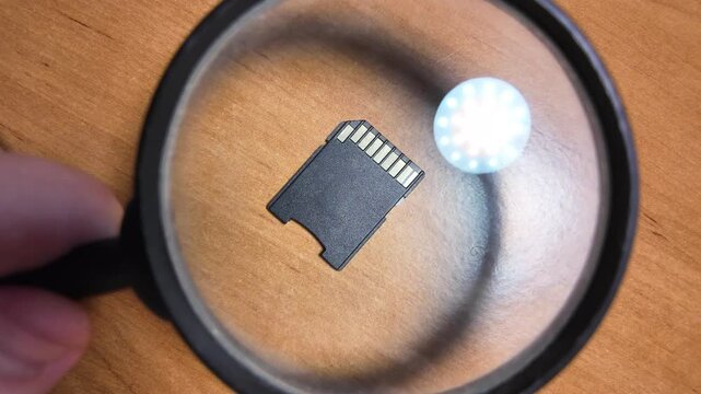 man examines memory card through magnifying glass. magnifying glass and flash drive. flash drive on table. magnifying glass in hands. slow motion video. microcircuit close-up. computer components sd m