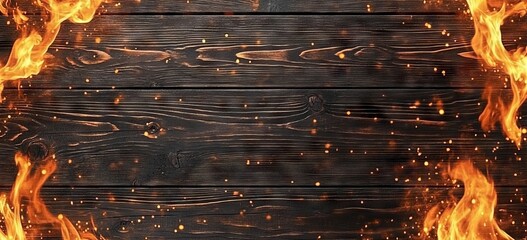 Dark brown shades and wood grain patterns adorn the surface of the wooden planks. The cool tones of the burnt wood stand out against the flames and smoke, producing a striking visual impact.