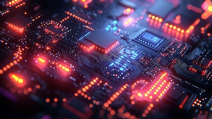 Obraz premium Illuminated Circuit Board Close-up with Glowing Components for Technology Backgrounds