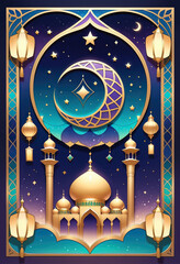 Islamic Eid Mubarak Greeting Card, islamic calligraphy of mosque and Ramadan Kareem Greeting Card, Islamic Traditional, using generative ai