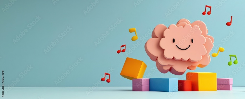 Poster law restriction policy concept. playful smiling cloud with colorful blocks and music notes backgroun