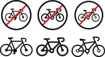 A set of simple, black outline icons depicting bicycles with a red diagonal line through them, indicating a prohibition.