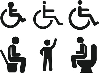 A set of simple black and white icons depicting people in wheelchairs and using accessible restrooms.