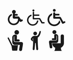 A set of simple black and white icons depicting people in wheelchairs and using accessible restrooms.