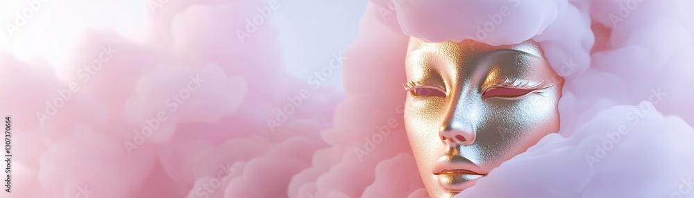 Aufkleber a golden feminine mask elegantly hovers within a soft pink mist, creating a surreal and abstract com