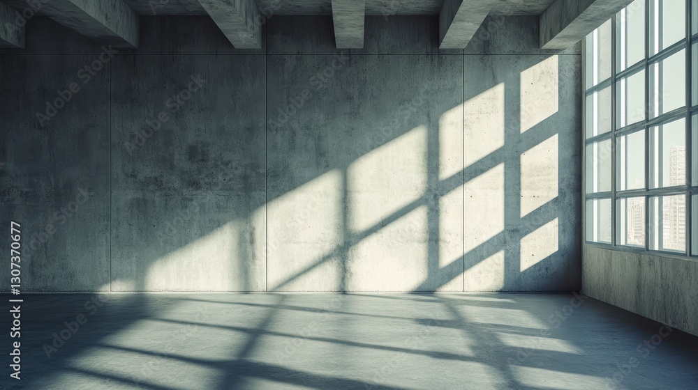 Poster modern empty interior space with concrete walls and large windows casting shadows over the polished 