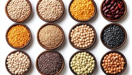 Fototapeta premium A still life food photo depicts wooden bowls filled with different grains and legumes, with a variety of beans and lentils visible. The bowls are arranged around a central white space against a