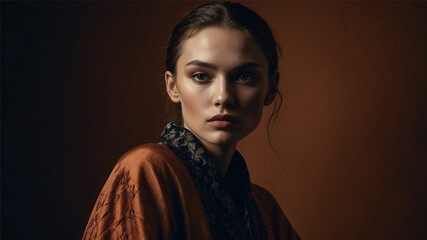 Dramatic and elegant portraits of a woman in deep earth tones, exuding sophistication and mystery. Ideal for editorial, fashion, luxury branding, and artistic photography with a timeless, moody aesthe