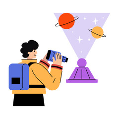 A flat illustration of character capturing futuristic art hologram