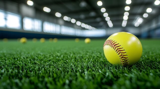 An indoor batting cage illuminated with softballs, emphasizing athletic competition, accuracy, and training