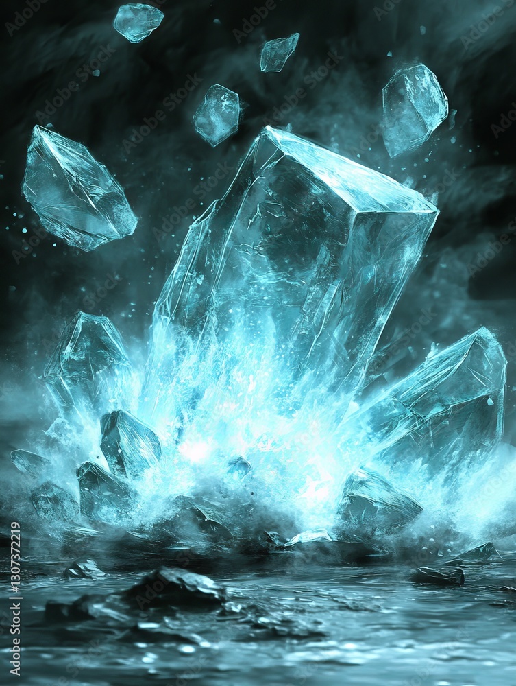 Poster celestial crystal fracture - an abstract representation of a dynamic explosion of blue crystals in t