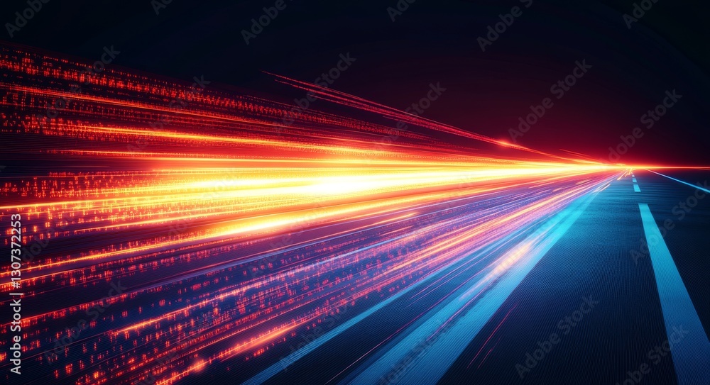 Poster city view: neon lights and data flow - a futuristic scene with neon lights and data streams moving t