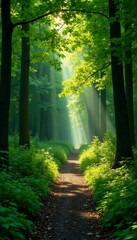 Serene pathway through lush woods, sunlight filtering through leafy canopy, Forest, road