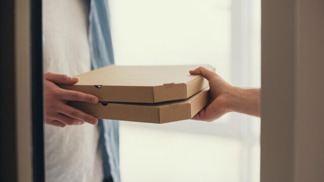 A close-up image shows a person receiving two pizza boxes from a delivery person at the door.The scene highlights the convenience of food delivery services