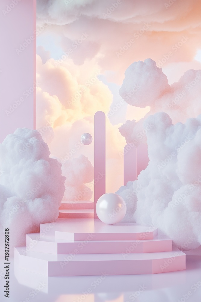 Poster this surreal setting features soft golden-hour clouds and floating female symbols, creating a high-e