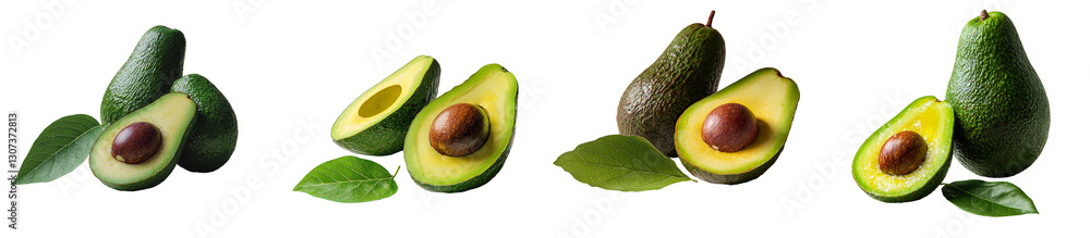 Poster isolated fresh avocado with leaves on a transparent background available in png format