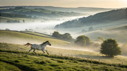 Naklejka premium gentle horse running through misty countryside landscape, showcasing rolling hills and lush greenery. serene atmosphere evokes sense of peace and tranquility