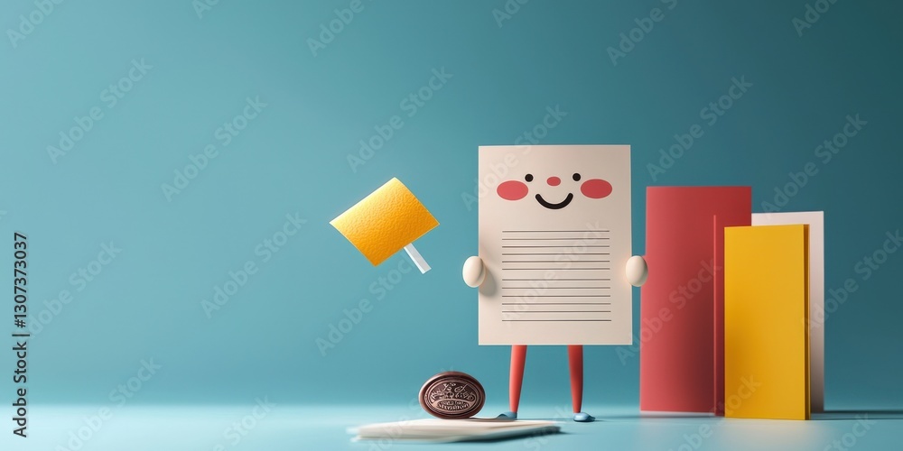 Poster law restriction policy concept. playful character holding a notepad with colorful background element