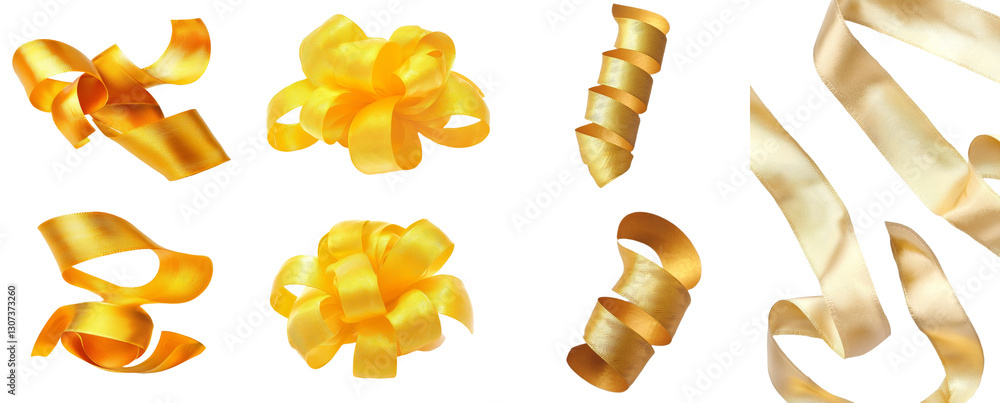 Poster isolated against a transparent background is a set of curly gold ribbons for use on christmas and bi