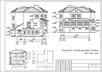 Vector architectural engineering construction
private residential building drawing,
attic floor plan, dimensional lines. Industrial design
on sheet of paper. Blueprint of multistory
suburban cottage.