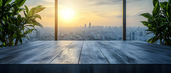 Sunset city view, wooden table, plants