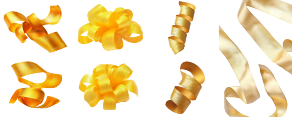 Isolated against a transparent background is a set of curly gold ribbons for use on Christmas and birthday gifts