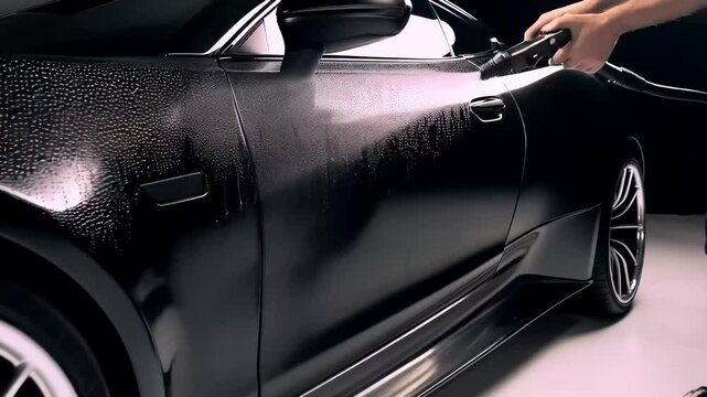 Car detailer applying ceramic coating, protecting glossy black sports vehicle surface