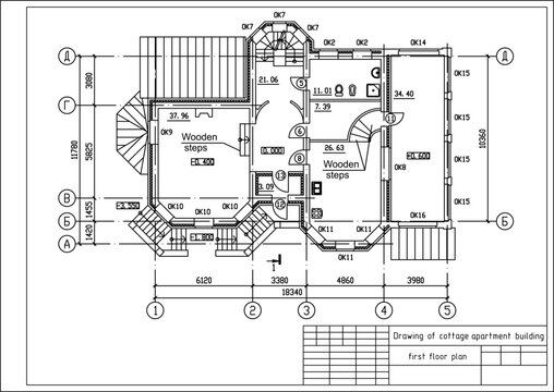 Vector architectural engineering construction
private residential building drawing,
first floor plan, dimensional lines. Industrial design
on sheet of paper. Blueprint of multistory
suburban cottage.