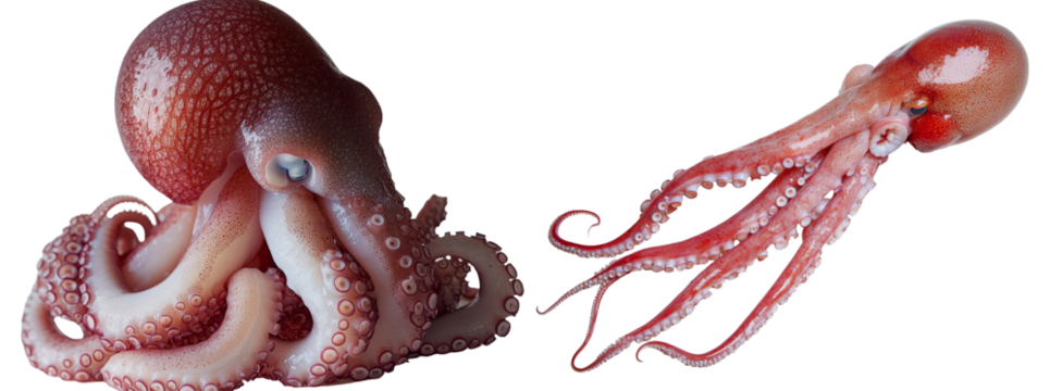 Jumbo flying squid arms in isolated transparent png format, known by names such as Pota, Dosidicus gigas, and red devil tentacles