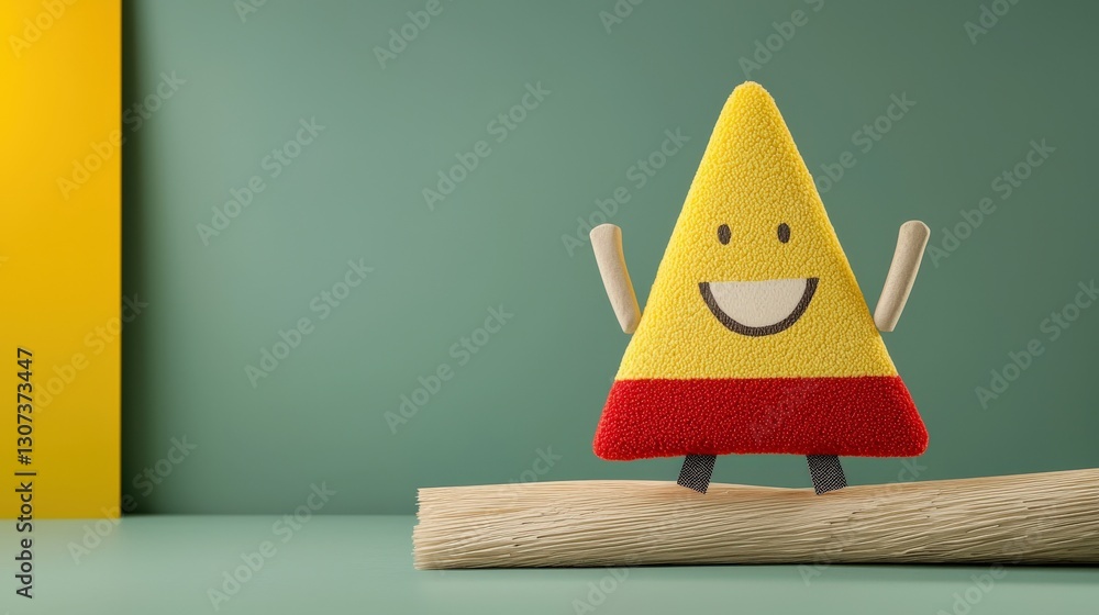 Poster law restriction policy concept. cheerful triangle character on a textured surface with a colorful ba