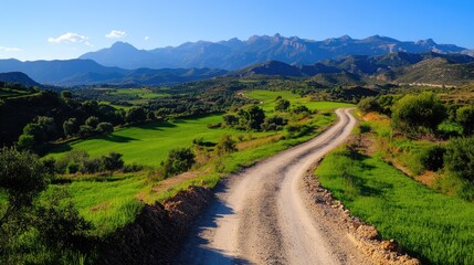 Fototapeta premium Country road winds through green fields with mountain view
