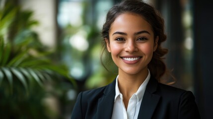 A smiling woman in a suit looking directly at the viewer