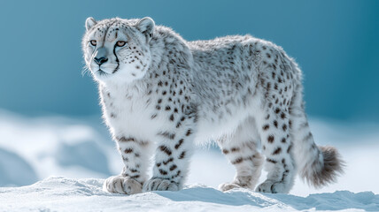 A cheetah standing on a mountain peak, photorealistic sky view