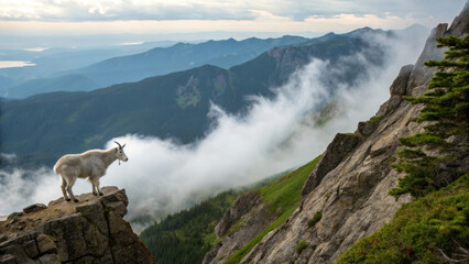 peaceful mountain goat standing on rocky cliff, overlooking breathtaking landscape of mountains and clouds. serene atmosphere evokes sense of tranquility and connection with nature
