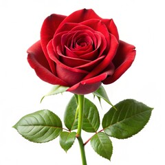A single red rose with fresh green leaves, set against a white background