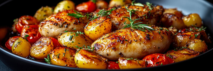 Roasted chicken with rosemary and potatoes, gourmet dish concept.