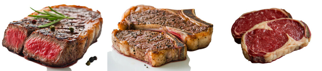An isolated slice of raw beef entrecote, cut to perfection, is featured on a transparent png image