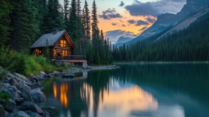 Obraz premium Log cabin reflects in tranquil lake during sunset in the mountains