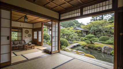 serene traditional ryokan featuring tatami flooring, cozy seating area, and picturesque garden view with lush greenery and tranquil pond