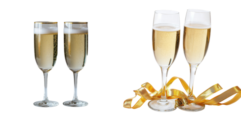 A white background features two glasses of champagne in isolation
