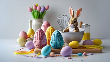 Easter bunny in baking bowl with baking equipment whisk, spoon, baking ingredients surrounded by Easter eggs blurred background colorful eggs. Facebook, Instagram, TikTok social media posts.