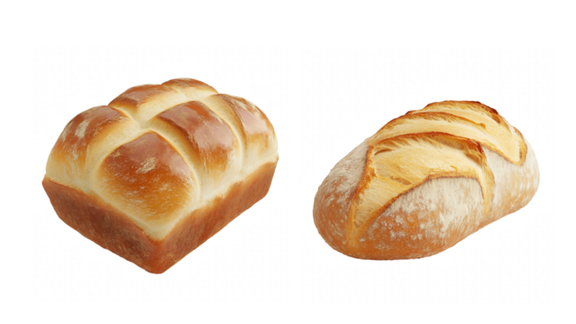 Two loaves of freshly baked bread, one a rectangular loaf with a lattice top, the other a rustic oval loaf with scored markings.  
